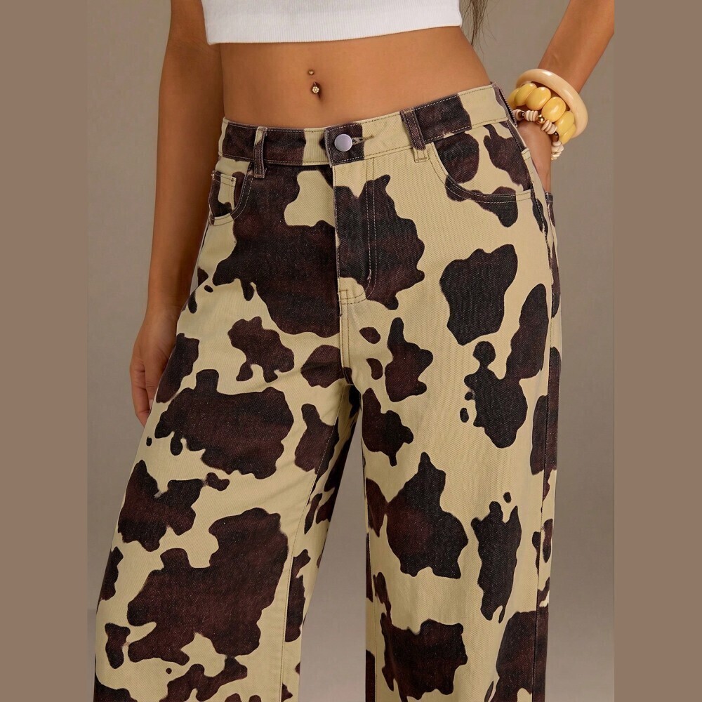 Tan Cow Print Denim Wide Leg Jeans - Picture 2 of 6